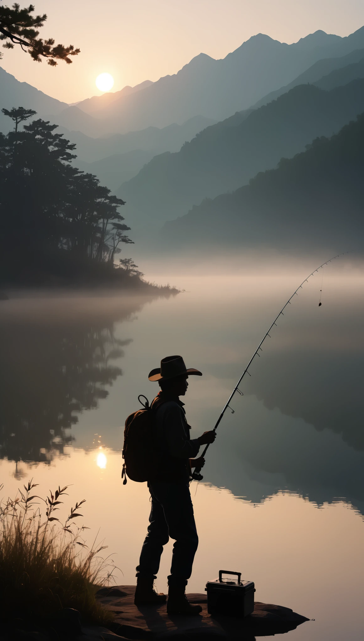 Silhouette of a man enjoying fishing in nature、Lush forest、wood々Sunlight shining through、fishing rod、Tackle Box、Peaceful atmosphere、美しいdetailedな目、美しいdetailedな唇、非常にdetailedな目と顔、Long eyelashes、Peaceful look、Cowboy Shot、fishing rod、lake、Mountain、Sunset、Warm lighting、fog、Calm、Photorealistic、8k、high quality、detailed、masterpiece