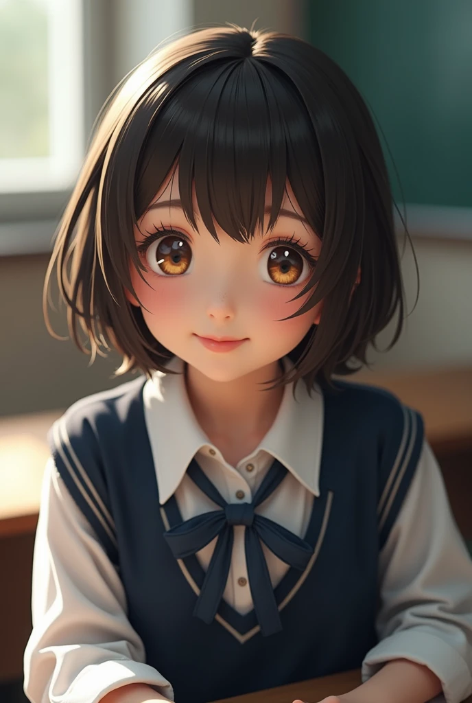 best quality, face focus, soft light, ultra high res, (photorealistic:1.4), RAW photo, 1japanese girl, solo, cute, (shy smile:0.5), (brown eyes, lights in the eyes), detailed beautiful face, (small chest),(high resolution detail of human skin texture), (short bob hair), BREAK, in classroom,navy school uniform, vest, skirt