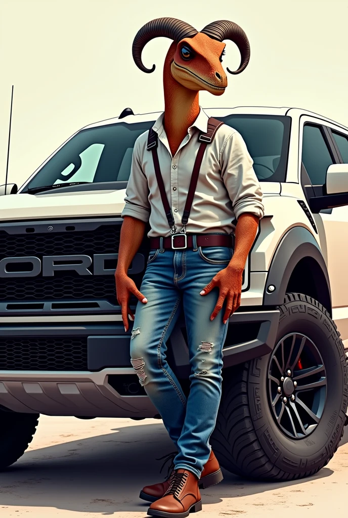 Make me a logo of a warlike Velociraptor dressed in a formal shirt and jeans , with a Ford Raptor behind the Velociraptor , as if he was leaning on her and the Velociraptor with a goat horn and bulletproof vest