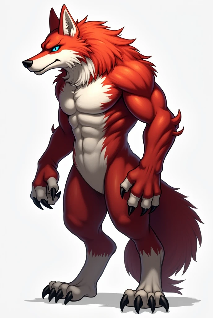 ((solo, full body perspective, side perspective)), male, anthro, ((wolf-face, digitigrade, digitigrade, digitigrade, digitigrade, digitigrade, four toes, muscled body, two-tone fur, red and white furred body, arms at side, white claws)), calm expression, blue eyes,