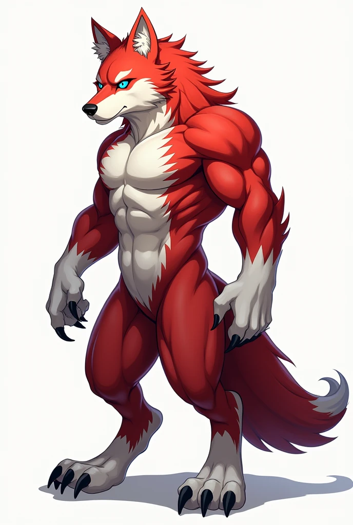 ((solo, full body perspective, side perspective)), male, anthro, ((wolf-face, digitigrade, digitigrade, digitigrade, digitigrade, digitigrade, four toes, muscled body, two-tone fur, red and white furred body, arms at side, white claws)), calm expression, blue eyes,