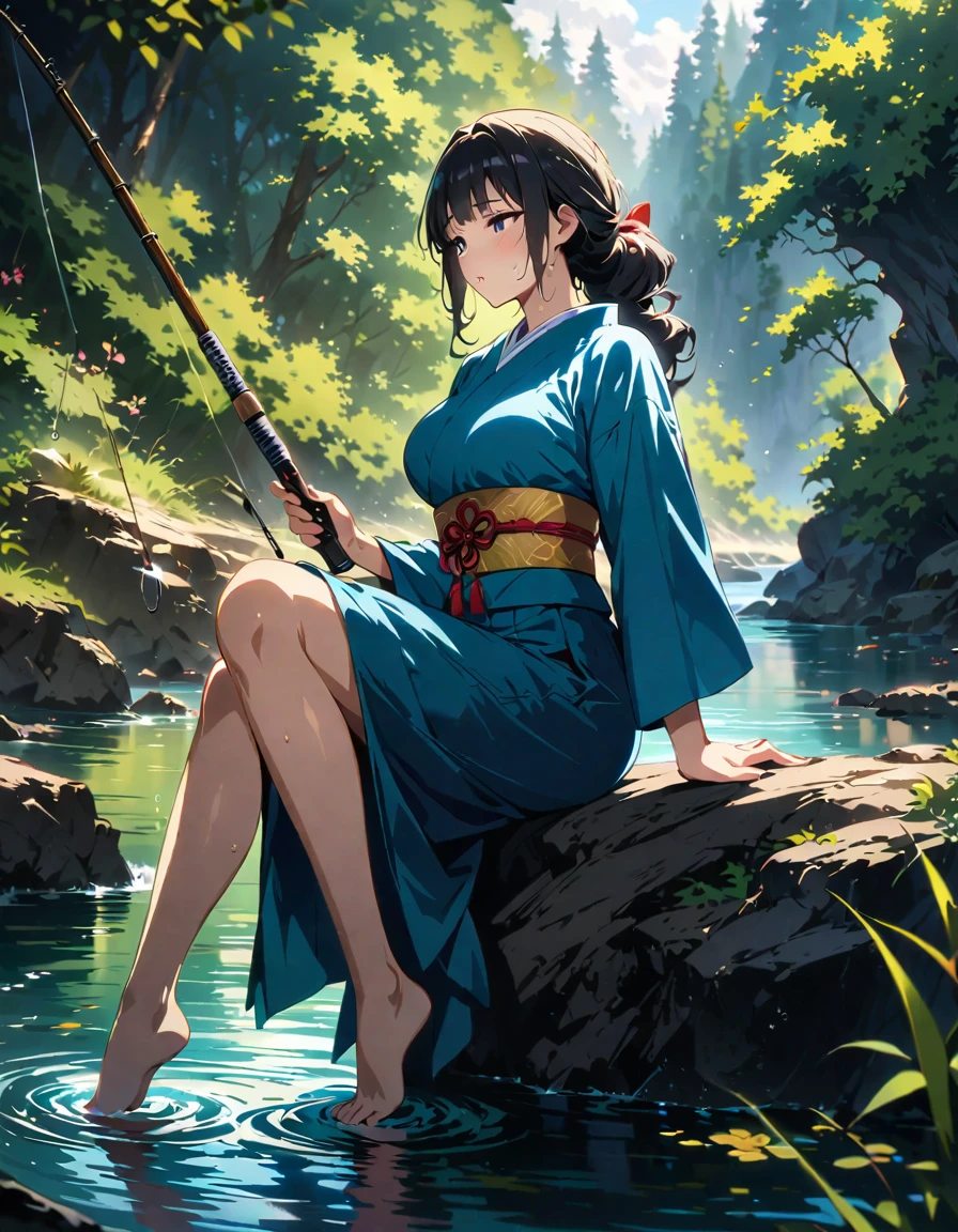 One young and beautiful woman,(Highest quality,Extremely detailed depiction,Incredibly absurd high resolution,Anatomically accurate depiction,Curvy Legs,Shiny skin),(Anime samurai girl),(kimono,Hakama,fishing rod),eyelash,(Black Eyes,Black Hair,Large Breasts,Half-closed eyes:1.3,Sweat,whole body,Sitting on a rock and fishing:1.5,),Anime Art,Side view,background:Riverside,Natural Light