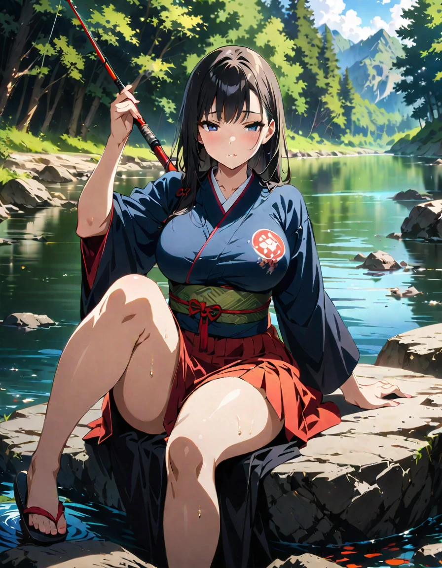 One young and beautiful woman,(Highest quality,Extremely detailed depiction,Incredibly absurd high resolution,Anatomically accurate depiction,Curvy Legs,Shiny skin),(Anime samurai girl),(kimono,Hakama,fishing rod),eyelash,(Black Eyes,Black Hair,Large Breasts,Half-closed eyes:1.3,Sweat,whole body,Sitting on a rock and fishing:1.5,),Anime Art,Side view,background:Riverside,Natural Light