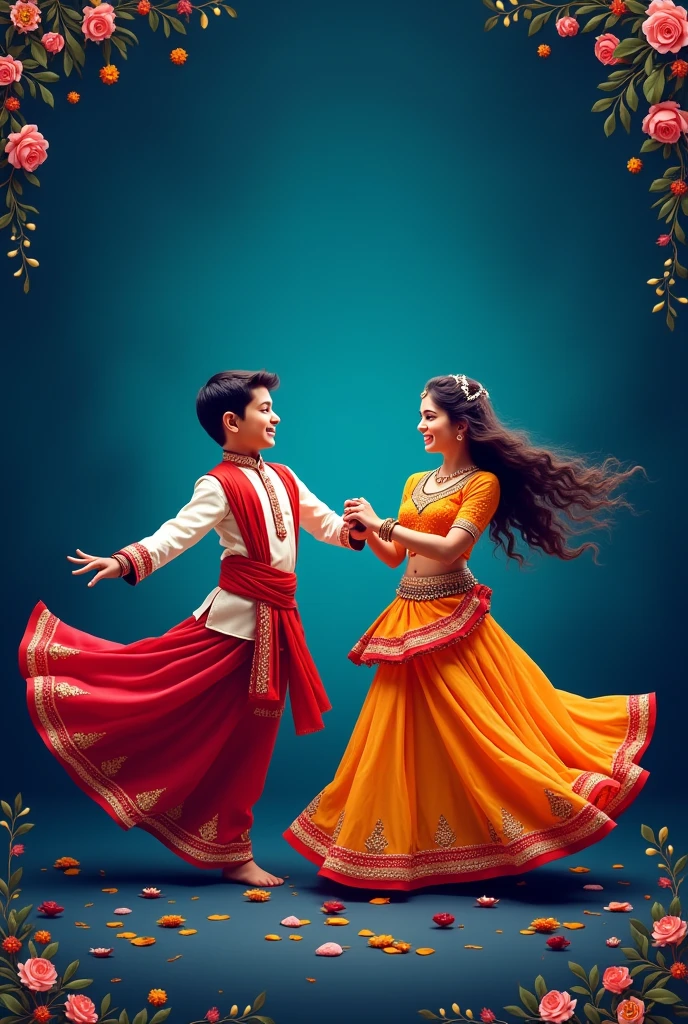 Make a profile picture for Instagram for garba classes name is RAJPUT GARBA CLASSES BACKGROUND IS DARK BLUE AND MAKE IS IN CIRCULAR BASIS also put one boy on left side play garba and one girl on right side playe garba in background 