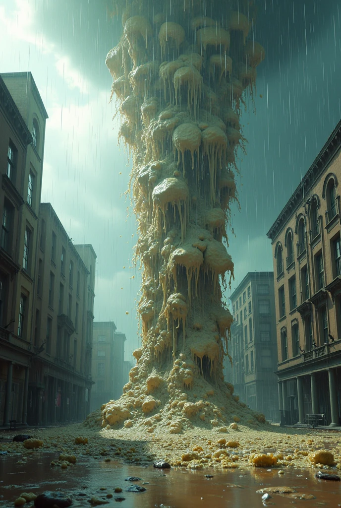 Une pluie de caca dégoulinant de partout des dure et des mou en forme de crotte de glace et liquide tombant de partout du ciel comme de la pluie dans une ville
