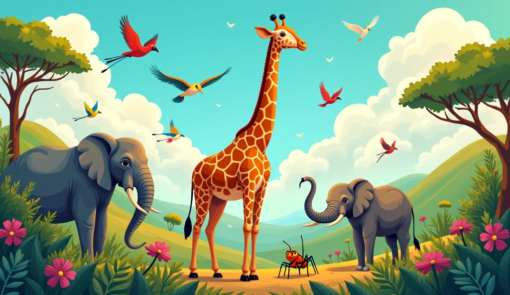 Create an illustration showing a diverse group of animals ranging from the tallest giraffe to the tiniest ant, all standing together in harmony. The scene should depict the giraffe towering over the other animals, with the ant positioned close to the ground. Include a variety of animals like elephants, birds, and frogs, each with unique and vibrant colors. The background could be a colorful, lush landscape that highlights the unity and diversity of the animal kingdom. The focus should be on celebrating the idea that everyone, regardless of size or type, has a special place and importance in the world.