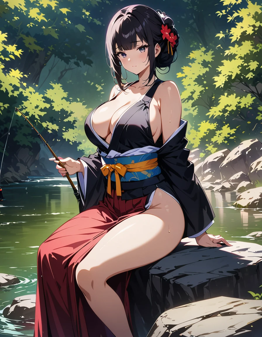 One young and beautiful woman,(Highest quality,Extremely detailed depiction,Incredibly absurd high resolution,Anatomically accurate depiction,Curvy Legs,Shiny skin),(Anime samurai girl),(kimono,Hakama,fishing rod),eyelash,(Black Eyes,Black Hair,Large Breasts,Half-closed eyes:1.3,Sweat,whole body,Sitting on a rock and fishing:1.5,),Anime Art,Side view,background:Riverside,Natural Light