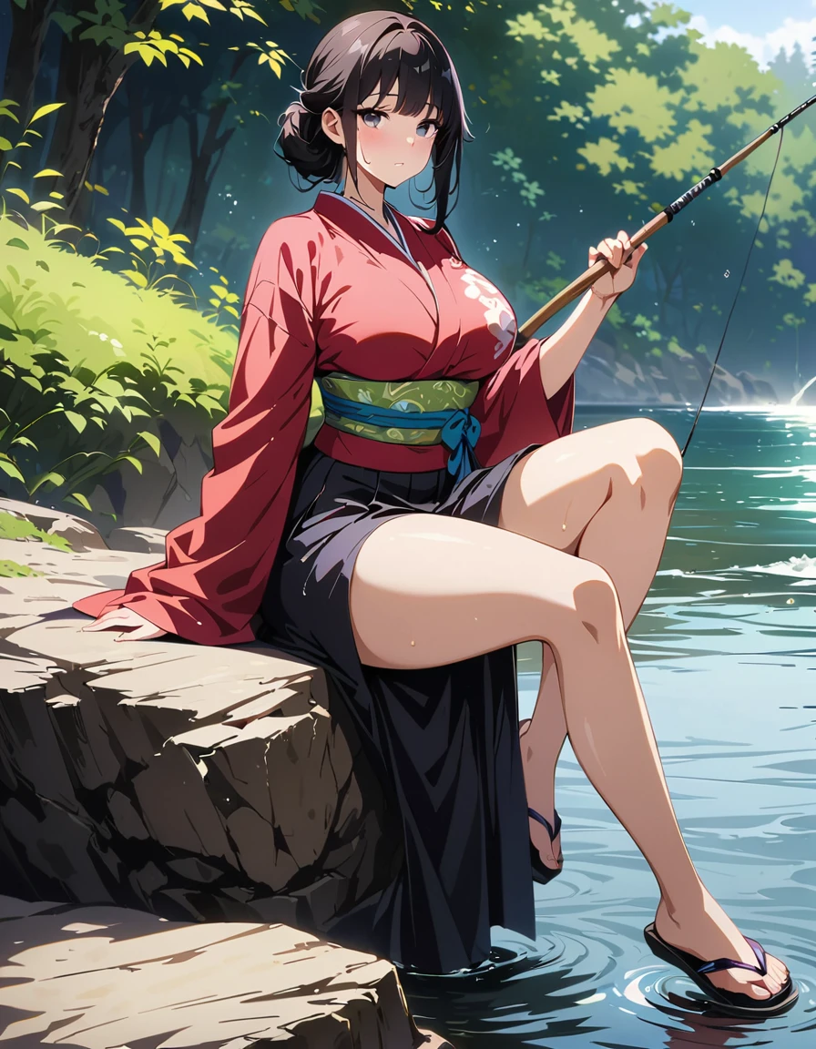 One young and beautiful woman,(Highest quality,Extremely detailed depiction,Incredibly absurd high resolution,Anatomically accurate depiction,Curvy Legs,Shiny skin),(Anime samurai girl),(kimono,Hakama,fishing rod),eyelash,(Black Eyes,Black Hair,Large Breasts,Half-closed eyes:1.3,Sweat,whole body,Sitting on a rock and fishing:1.5,),Anime Art,Side view,background:Riverside,Natural Light