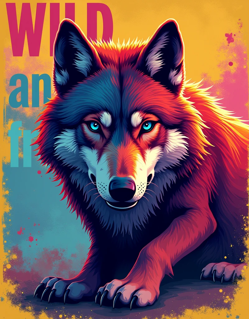 A realistic wolf design svg, colourful, punchy colour, vibrant colours, puff design, ''wild and free'' written in background in funkey fonts,