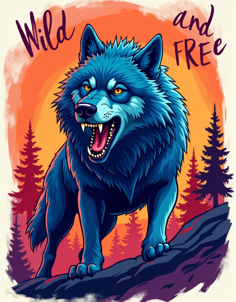 A realistic wolf design svg, colourful, punchy colour, vibrant colours, puff design, ''wild and free'' written in background in funkey fonts,