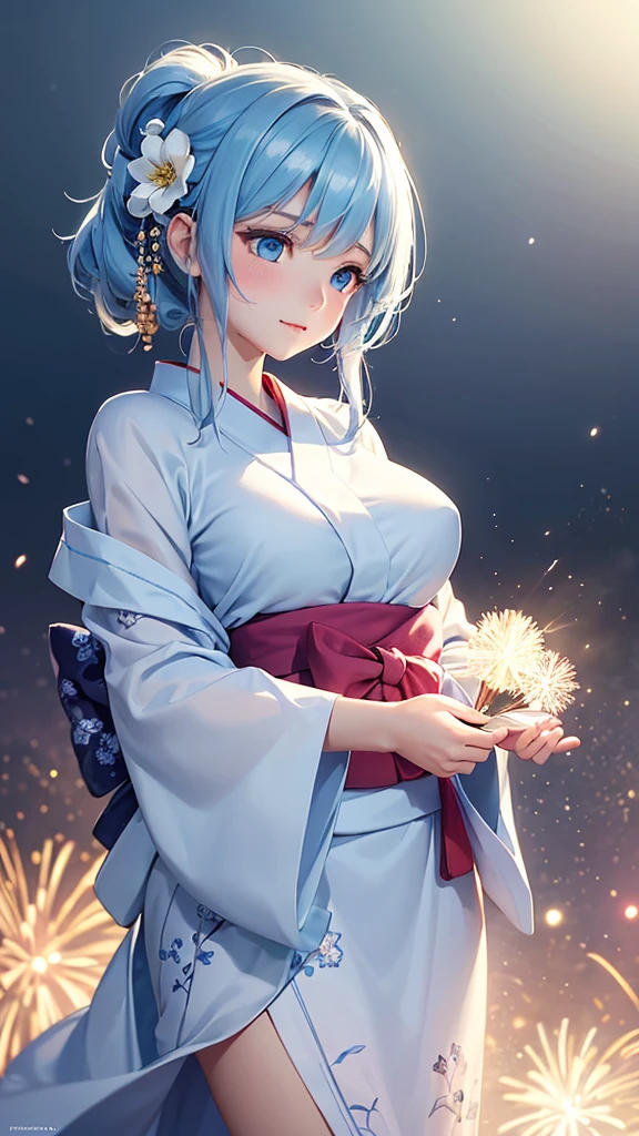 Best Quality,High resolution,8k,(plain white background, no patterns, no textures, just a plain white background:1.3),Masterpiece:1.2),beautiful girl,Big Breasts,(Shiny light blue hair:1.3),messy hair,Bobcut,Beautiful light blue eyes,A girl dressed in a traditional yukata stands quietly, her expression soft and reflective as she gazes at the fireworks lighting up the night sky. The vibrant colors of the fireworks illuminate her face, contrasting with the serene, almost melancholic look in her eyes. Her yukata is adorned with delicate floral patterns, and a gentle breeze stirs her hair. As the fireworks burst behind her, she stands still, lost in thought, feeling the bittersweet emotions of summer's end,Gentle look,A refreshing look,smile,Best quality,Best Quality,Aesthetic and aesthetic:1.2,Best details((Super detailed))(High-definition CG illustrations),Slender body