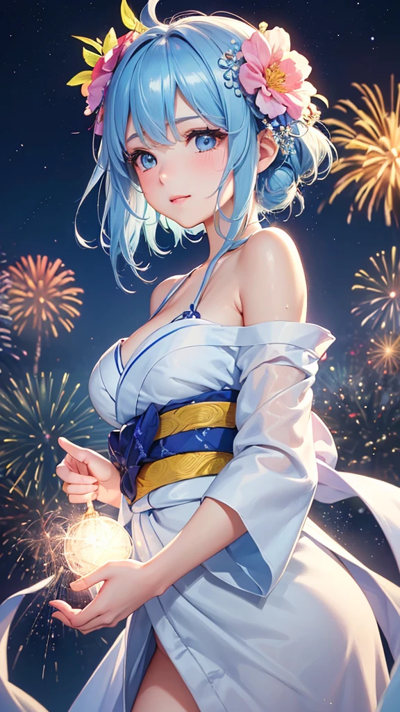 Best Quality,High resolution,8k,(plain white background, no patterns, no textures, just a plain white background:1.3),Masterpiece:1.2),beautiful girl,Big Breasts,(Shiny light blue hair:1.3),messy hair,Bobcut,Beautiful light blue eyes,A girl dressed in a traditional yukata stands quietly, her expression soft and reflective as she gazes at the fireworks lighting up the night sky. The vibrant colors of the fireworks illuminate her face, contrasting with the serene, almost melancholic look in her eyes. Her yukata is adorned with delicate floral patterns, and a gentle breeze stirs her hair. As the fireworks burst behind her, she stands still, lost in thought, feeling the bittersweet emotions of summer's end,Gentle look,A refreshing look,smile,Best quality,Best Quality,Aesthetic and aesthetic:1.2,Best details((Super detailed))(High-definition CG illustrations),Slender body