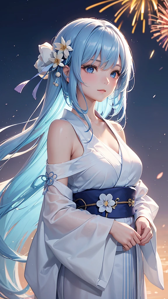 Best Quality,High resolution,8k,(plain white background, no patterns, no textures, just a plain white background:1.3),Masterpiece:1.2),beautiful girl,Big Breasts,(Shiny light blue hair:1.3),messy hair,Bobcut,Beautiful light blue eyes,A girl dressed in a traditional yukata stands quietly, her expression soft and reflective as she gazes at the fireworks lighting up the night sky. The vibrant colors of the fireworks illuminate her face, contrasting with the serene, almost melancholic look in her eyes. Her yukata is adorned with delicate floral patterns, and a gentle breeze stirs her hair. As the fireworks burst behind her, she stands still, lost in thought, feeling the bittersweet emotions of summer's end,Gentle look,A refreshing look,smile,Best quality,Best Quality,Aesthetic and aesthetic:1.2,Best details((Super detailed))(High-definition CG illustrations),Slender body