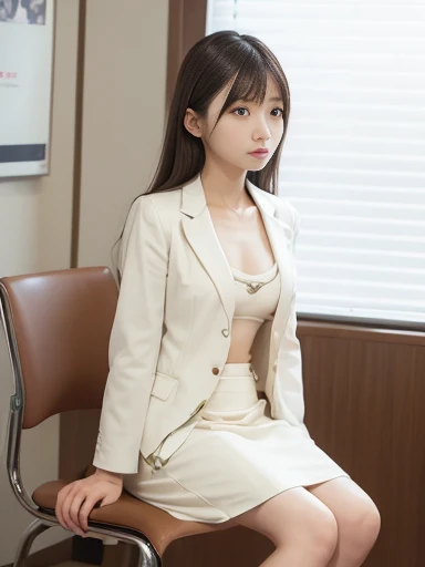 Japanese female, (underweight), (flat chest best quality:1.5), 30 years old,
conference room, sitting, semi long, (cream business suit), (cream skirt), in a meeting, with a chair, with a table, (full body shot), low angle shot