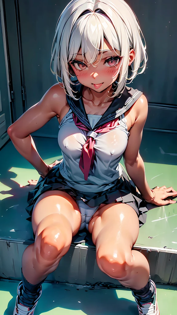 dark skin Silver Haired Fox Girl camisole mini skirt Black panties skirt lift cameltoe sweaty School Stick Out Tongue