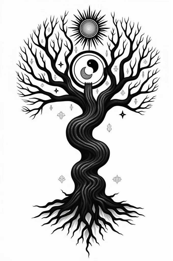 Can you make me the world tree for an iPhone wallpaper in an artistic way in black and white That looks like a yggdrasil tattoo With the Ying and the yang and viking runes and the sun and the moon