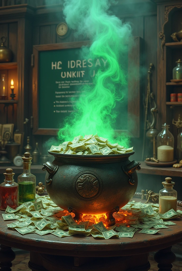 Imagine an aged metal cauldron, placed on a crackling fire in a sorcerer's apprentice laboratory. The cauldron is overflowing with banknotes, which cascade around him. Thick green smoke billows from the cauldron, mingling with the other strange objects in the laboratory : potions, open grimoires, and various magical instruments. At the back of the room, you can see a blackboard with clear, legible writing on it:: The recipe for a million. The whole thing is bathed in a subdued and mysterious light., adding a touch of adventure and magic to the scene.