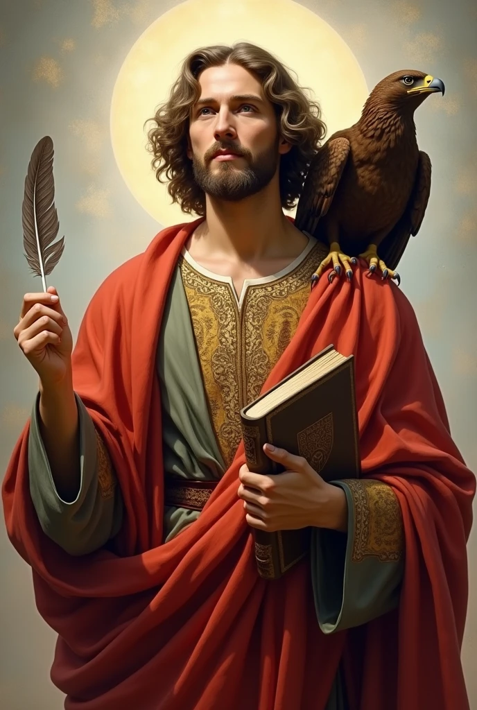 "Create an image of Saint John the Evangelist in a classical style, with a serene and contemplative expression. He must be wearing traditional clothes, with a flowing tunic and rich details. In one hand, he holds a feather, symbolizing the writing of the Gospel, in another a book representing the gospel
. on the shoulder, there must be an eagle, representing spiritual vision and higher understanding. The background can be soft and bright, with a spiritual atmosphere that highlights the presence of Saint John and his symbols."