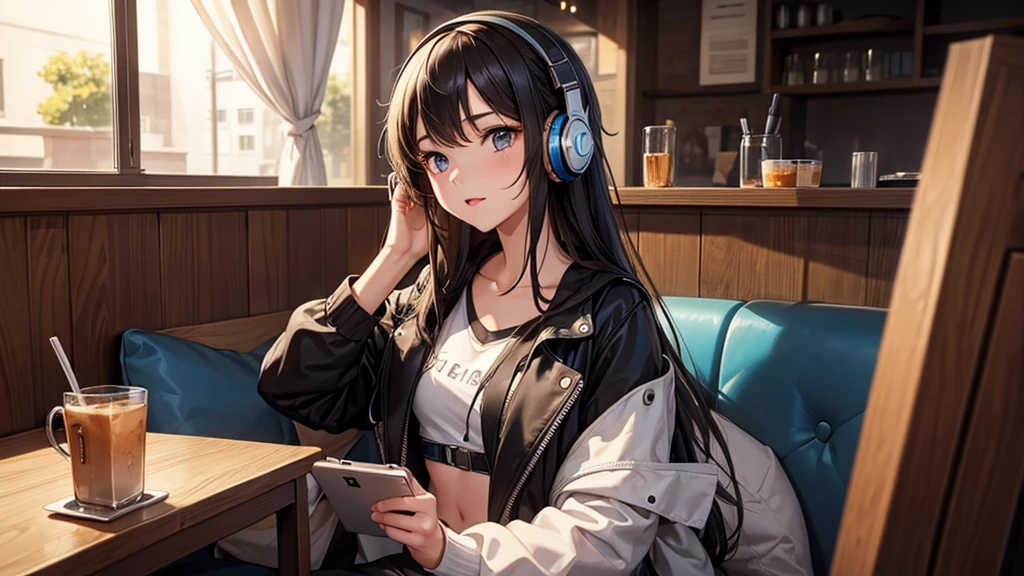 Girl with headphones enjoying music in a cafe I am studying Emphasize a little bit of the chest