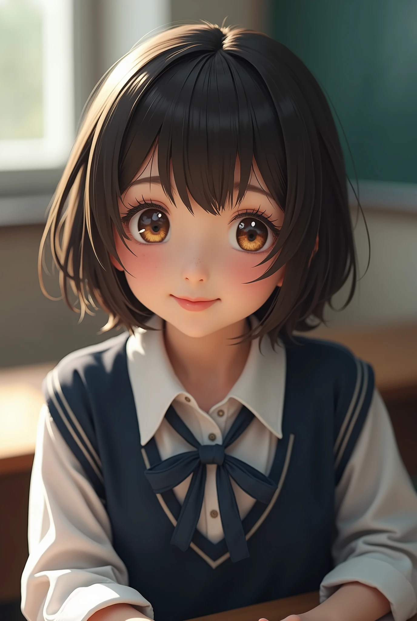 best quality, face focus, soft light, ultra high res, (photorealistic:1.4), RAW photo, 1japanese girl, solo, cute, (shy smile:0.5), (brown eyes, lights in the eyes), detailed beautiful face, (small chest),(high resolution detail of human skin texture), (short bob hair), BREAK, in classroom,navy school uniform, vest, skirt