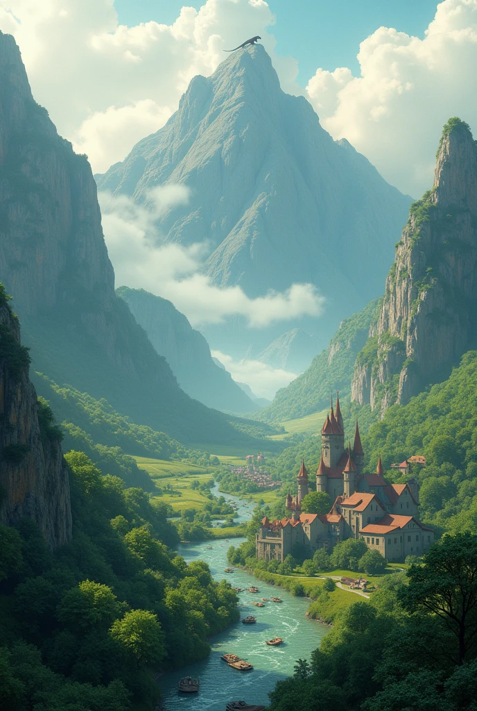 "Depict a peaceful, distant kingdom nestled in a lush, green valley surrounded by towering mountains. The kingdom is dotted with medieval castles, quaint villages, and winding rivers that sparkle under the morning sun. The scene has a dreamy, almost fairy-tale-like quality, with soft, warm colors and a gentle mist rising from the landscape. In the distance, the silhouette of a majestic dragon can be seen resting on a mountain peak, watching over the land. The atmosphere is serene, with a sense of magic and timelessness in the air."