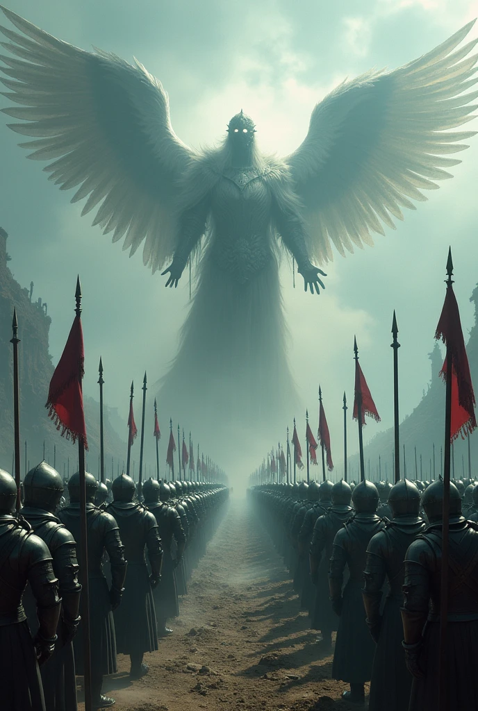 Army of knight face angel of dead in battle field waste land while surronded by thousand 
