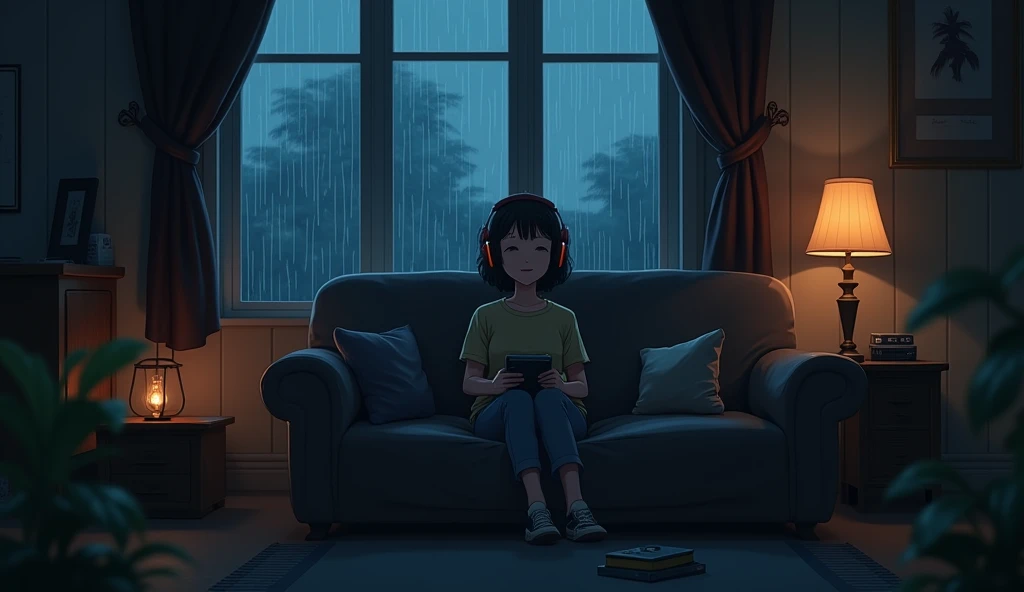 night、Listen to music in a cozy room, Use headphones, 2D anime style, lo-fi, hard disk, dark environment、aunt、that&#39;It&#39;s raining outside.、You look happy