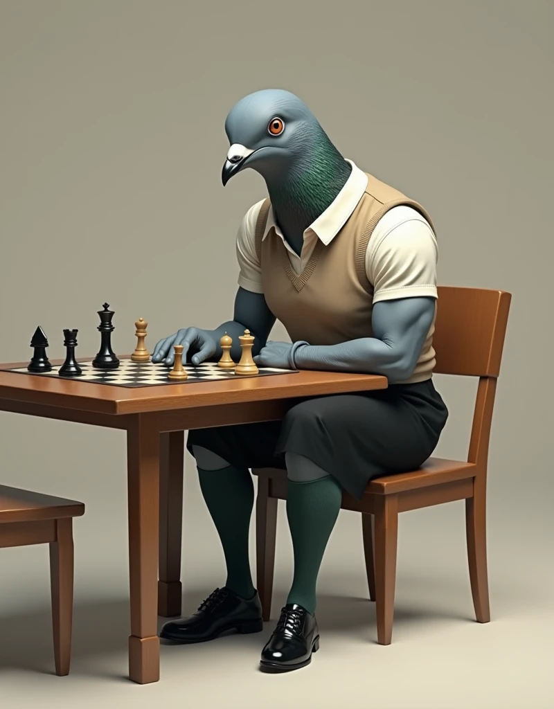 ((Highest quality)), ((masterpiece)), (detailed), A gray female pigeon wearing an off-white collared short-sleeved shirt, a light brown vest, a knee-length black skirt, dark green socks and black shoes.、Playing Othello at the table、Muscular grey female pigeon、Photorealistic images