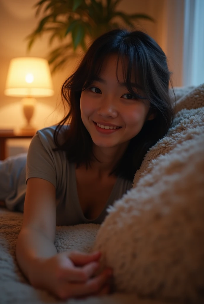 Living room at night with soft lights。A fair-skinned young Japanese woman leaning on a sofa。Selfie style。A fitted t-shirt and shorts。Smiling。