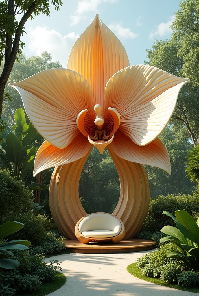 create a pavilion where its shape is an orchid and its petals are large and give shadows. The stem will be the base and with a chair underneath 