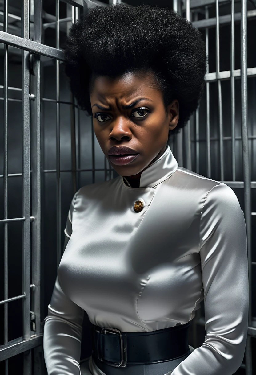 Ultra-realistic rendering with hyper-detailed textures, showcasing a masterpiece of visual intensity and the best quality. The scene focuses on the portrayal of intense emotion, where an evil, muscular, thick female ((Sasheer Zamata)) is depicted with a powerful expression of strain and agony as she is being choked. She is dressed in a fully closed, long-sleeve, ((buttoned-up satin blouse with a band collar:1.8)), tightly compressing her body. The blouse clings to her form, emphasizing her curves and the extreme tension in her muscles. A satin band, wrapped tightly around her waist, further accentuates her small waistline, intensifying the sense of constriction and discomfort. Her short hair frames her face, which is contorted in a mix of anger and pain. The environment heightens the sense of claustrophobia, as she is trapped inside a very small cage with narrow walls and low headroom. The walls of the cage are padded, adding to the suffocating atmosphere. The scene captures extreme body compression, particularly around her waist and neck, where the blouse collar is exceptionally tight, emphasizing the overwhelming pressure and emotional intensity of the moment.