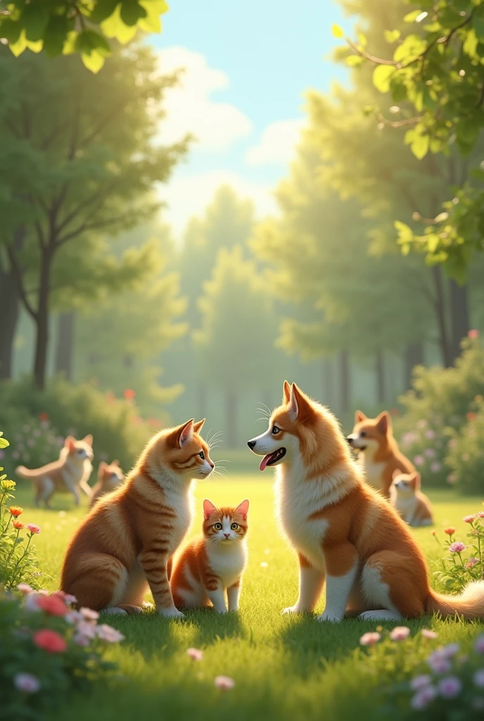 A beautiful outdoor scene featuring a group of (((ultra-realistic))) and (((detailed))) cats and dogs in a lush, green park during the morning. The animals interact naturally with their environment—cats lounging in the early sunlight, dogs playing together, and birds perched on tree branches. The image should have perfect lighting, capturing the soft, golden hues of the morning light, with every feature of the animals—eyes, ears, noses, fur, feathers, and limbs—being 100% accurate and lifelike. The background includes vibrant flowers, tall trees, and a clear blue sky, all contributing to a serene, peaceful atmosphere. The image should be sharp, hyper-realistic, ultra-realistic, high-quality, high-definition quality, 8K.