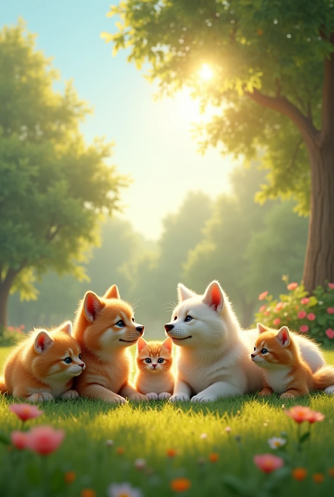 A beautiful outdoor scene featuring a group of (((ultra-realistic))) and (((detailed))) cats and dogs in a lush, green park during the morning. The animals interact naturally with their environment—cats lounging in the early sunlight, dogs playing together, and birds perched on tree branches. The image should have perfect lighting, capturing the soft, golden hues of the morning light, with every feature of the animals—eyes, ears, noses, fur, feathers, and limbs—being 100% accurate and lifelike. The background includes vibrant flowers, tall trees, and a clear blue sky, all contributing to a serene, peaceful atmosphere. The image should be sharp, hyper-realistic, ultra-realistic, high-quality, high-definition quality, 8K.