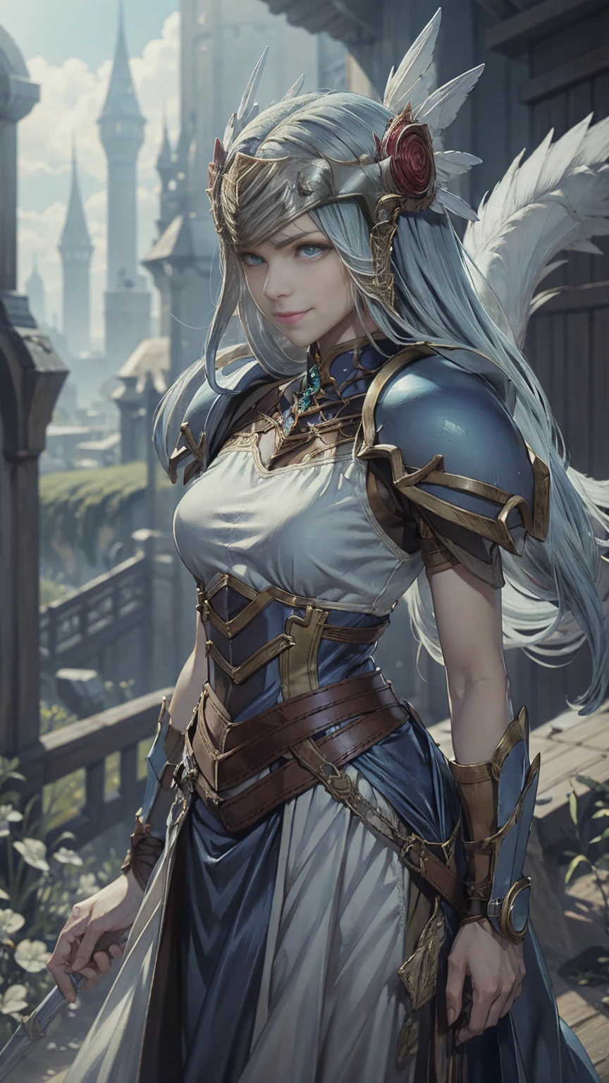 Lenneth from 'Valkyrie profile', broken blue armor,long skirt,belt,white head ornament,
standing,upper body,arms behind back,
light smile,
plains,castle,
(insanely detailed,  masterpiece, best quality),solo,