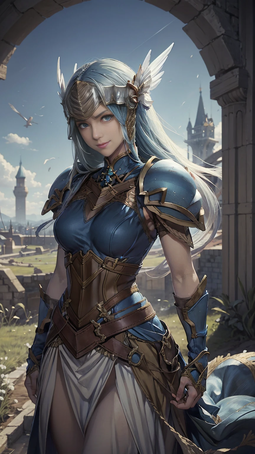 Lenneth from 'Valkyrie profile', broken blue armor,long skirt,belt,white head ornament,
standing,upper body,arms behind back,
light smile,
plains,castle,
(insanely detailed,  masterpiece, best quality),solo,