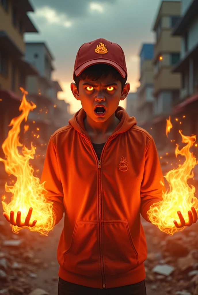a young real teenage age . 19 Malaysia Indonesia.(orange eyes) Glowing eyes. Anger face. Open mouth. . wearing an (red orange ) zip-up shirt, (red orange) red orange cap with small logo (flame) logo. Enger face . Dramatic.red orange singlet., detailed face, cinematic lighting, dramatic atmosphere,.hot day. vibrant colors, 8k, high quality, photorealistic. Hero suit. fire flame from his hand. Glowing fireblast ember element from hand, ember everywhere . Glowing hand red orange , flame patern logo design . Very strong. Future design dress. Very epic. Very hot background.. dark sky. Very strong . fire very strong . Flying burn dry leave everywhere.. fire ball sharp shape power from hand .rasengan . At city. Damage building. Floating small rock everywhere.
