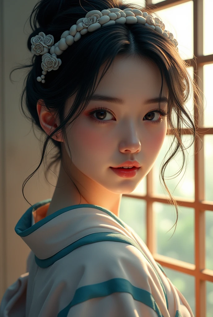 ((Highest quality, 8k, masterpiece:1.3)), (Focus Control:1.2), (Perfect Body Beauty:1.4), ((Delicate hair)), (Highly detailed face and skin texture), Beautiful Eyes, double eyelid, (Glowing Skin:1.5), 1 female, (Black Very Short Hair), (Beautiful Teeth), (stretch), Very small face, smile, concentrate: 1.2, tabi,Tatami room, tangled hair, Droopy eyes, (A kimono with white and blue vertical stripes:1.5), Open,Twisted Headband,