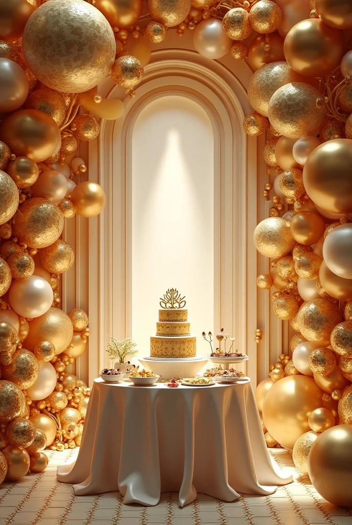 Large and pompous decoration of the table and wall in a men&#39;s birthday event venue with a gold and white music theme, that includes snacks, Cake, balloons framing the scene 