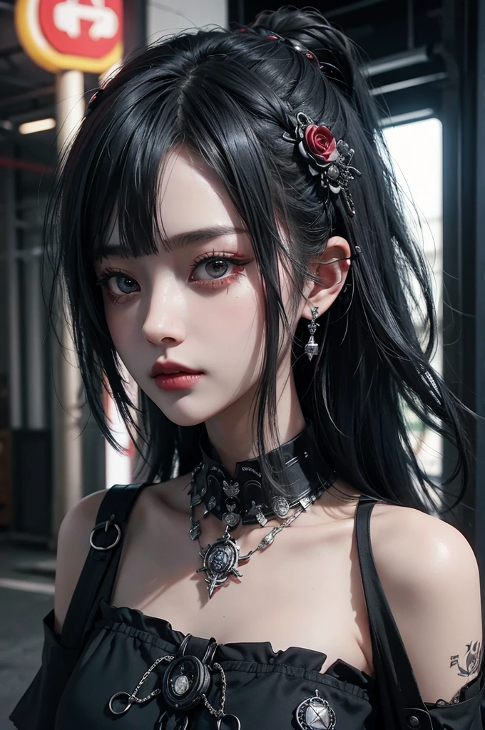 Highest quality、8k、masterpiece:1.3、Gothic Punk、red inside、Gray Black Hair、hair ornaments、beautiful girl、creative、Punk Style、Neogoth、Goth Fashion:0.8、High resolution、masterpiece、Highest quality、頭w:1.3、((Hasselblad Photos))、Fine skin、Sharp focus、(Cinema Lighting)、shirt, Shoulder out, Modest chest