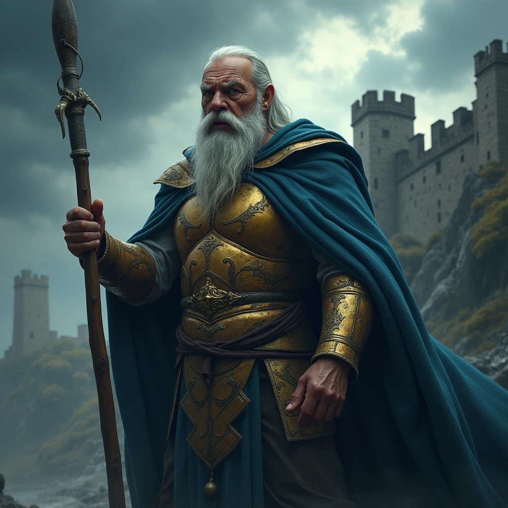 Stunning 4K high resolution image of an old warrior using a staff, blue clad with gold armor, who stands looking down, sad face mixed with anger, the background of the castle on a cloudy and thundering night