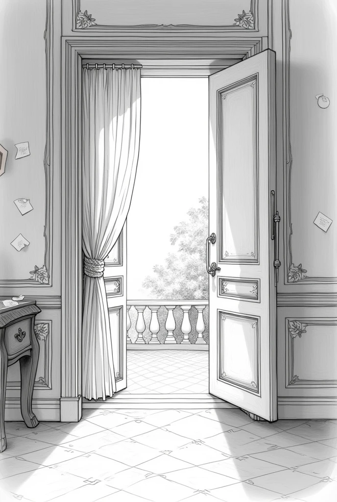 Create a lineart illustration Setting: The door could be shown partially open to the outside, with shadows and light flickering in the elegantly decorated room. The breeze could be illustrated with subtle lines to suggest movement and mystery. Small details such as curtains or papers gently blowing in the wind can enhance the effect.