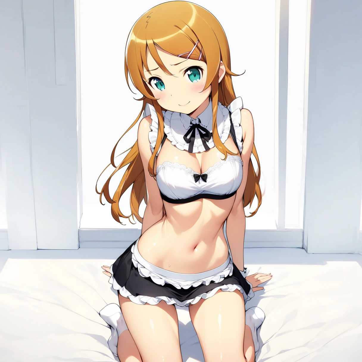 (masterpiece), (Highest quality, High resolution), (Very detailed), (Best illustrations, Best Shadow),
(so beautiful, (Perfect and beautiful face, Perfect and pretty face, Highly detailed face),
(Perfect limbs, Narrow waist, Thin legs)
(Absurd), (White background, White Room, White carpet),
完璧な明るい柔らかなfront照明, Ambient light glows yellow,
(One person、solo:1.4), whole body, Full Shot, front, panoramic, 清楚なposture,
(Kirino Takasaka, kirino kousaka), Blonde, Long Hair, Hair Clip, Green Eyes, bangs, Shyness, smile, Pitiful, posture,
(Delicate and smooth skin, Skin with attention to detail),
Perfect curvaceous, Perfect Anatomy, Thin legs, Intricate details, Five perfect fingers, so beautiful少女, Big eyes, slender, Tight waist,
Beautiful Skin, Wet, sexy,Charm, Her behavior is very quiet.,
(Short skirt white maid outfit), Wearing maid clothes, Cute Maid Dresses, mini skirt,
Showing off, Underwear with white stripes, White frilly underwear, Erotic,
White panties, Detailed panties, Underwear with a small ribbon,
White bra, Details Bra,
Cleavage, M-shaped legs, shame, (Beautiful attention to detail:1.6), Browsing Caution,