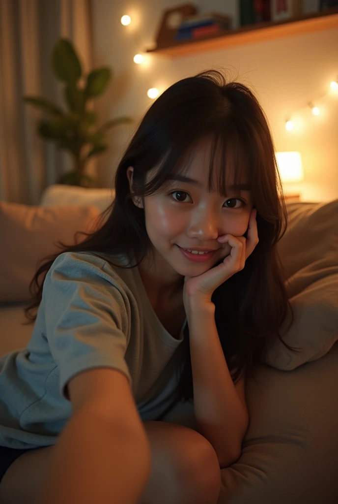 Living room at night with soft lights。A fair-skinned young Japanese woman leaning on a sofa。Selfie style。A fitted t-shirt and shorts。Smiling。
