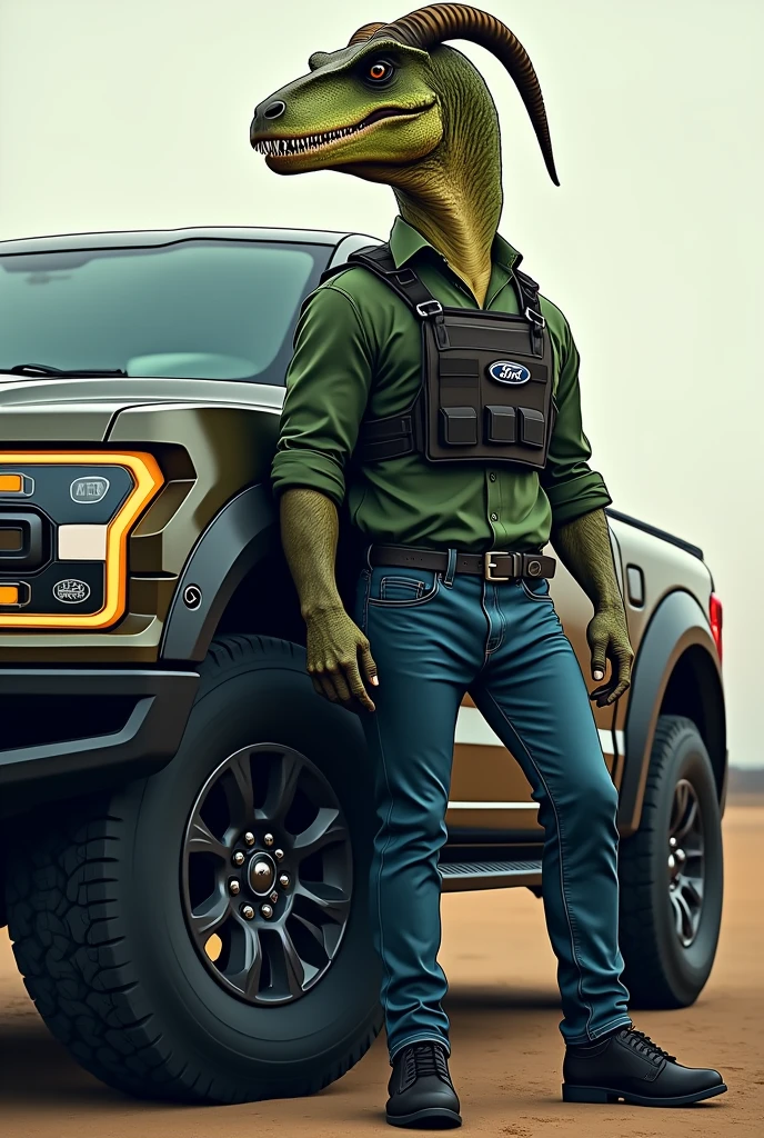 Make me a logo of a warlike Velociraptor dressed in a formal shirt and jeans , with a Ford Raptor behind the Velociraptor , as if he was leaning on her and the Velociraptor with a goat horn and bulletproof vest, the Velociraptor make it with a darker green color and without so many horns
 