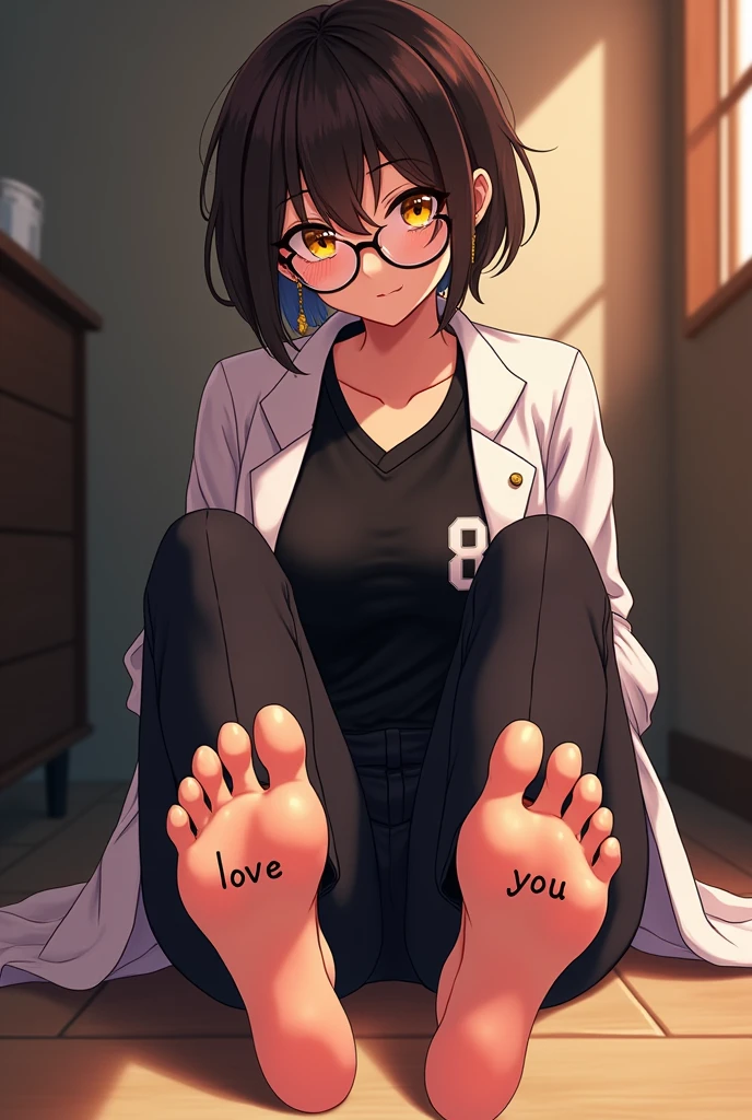 create the image of a 28-year-old character in anime style with short dark brown hair to the shoulder, round prescription glasses, skin fair, yellow seductive eyes, black jersey, lab coat and tailored pants, earrings and the body reasonably "big fit ass", She is sitting on the floor without shoes with her legs stretched out in front of her showing her beautiful feet which have 5 toes and are size 38 and on the sole of one of the character's feet it says LOVE and on the sole of the other foot it says YOU