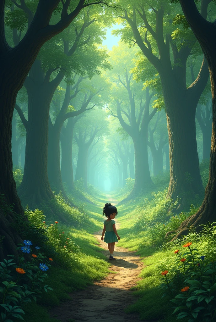 A girl in a massive forest wirh two way