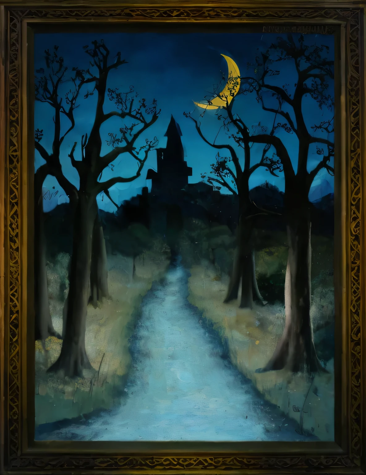 An masterpiece oil painting, high detail, palette knife thick brushstrokes, of a dark dense forest, bare tree. barren tree, leaves, pathway into a castle, dark blue skies, yellow hay field grass, crescent moon in the sky