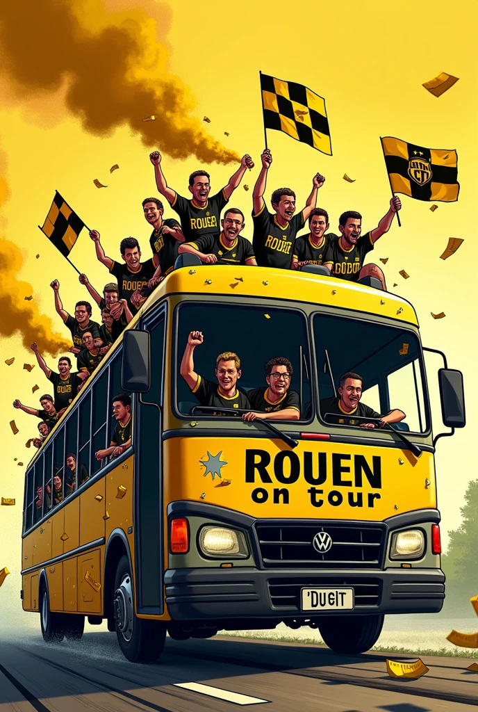 Image illustrations cartoons bus jaune de supporters homme de style Ultras hooligans habiller d’une veste noir et jaune. Les fenêtres du bus sont casser. Des supporters sont sur le toit avec des fumigènes jaune et noir dans la mains et des drapeaux jaune et noir à damiers dans la mains. Il est inscrit sur le bus «ROUEN ON TOUR »