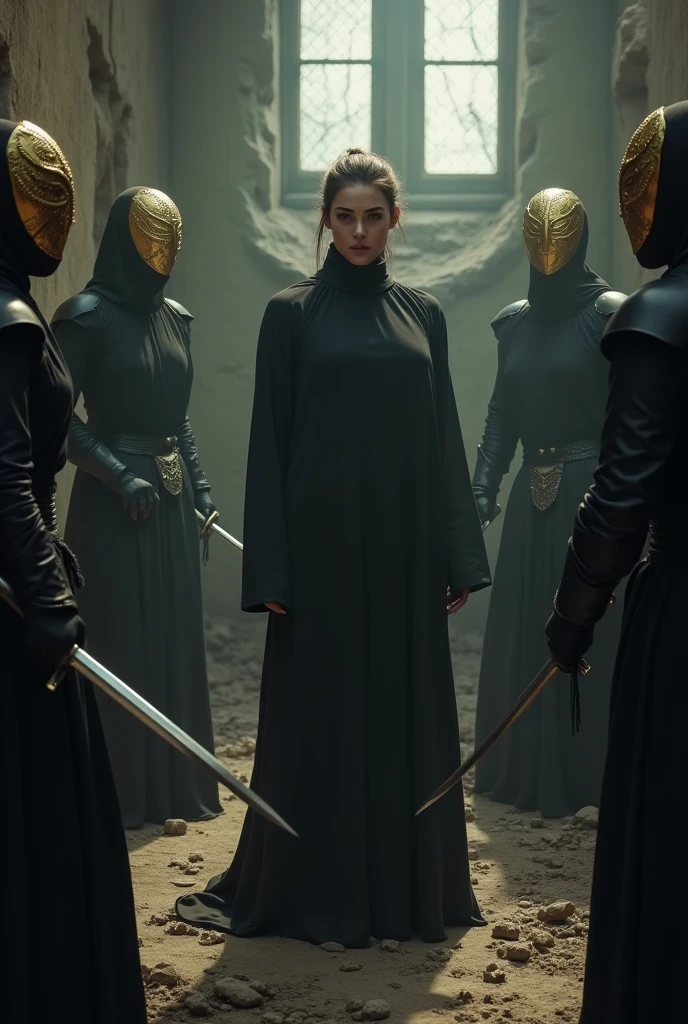 1 girl, (well formed body), (Alone), 19 years,  HdR, lasts, Hwa Ryun finds himself in the shadows of a ruined building surrounded by opponents... His black robe sticks to his body., as if taking a shadow, And the golden patterns on his mask shine in the dim light.. sharp, elegant swords flash in their hands.