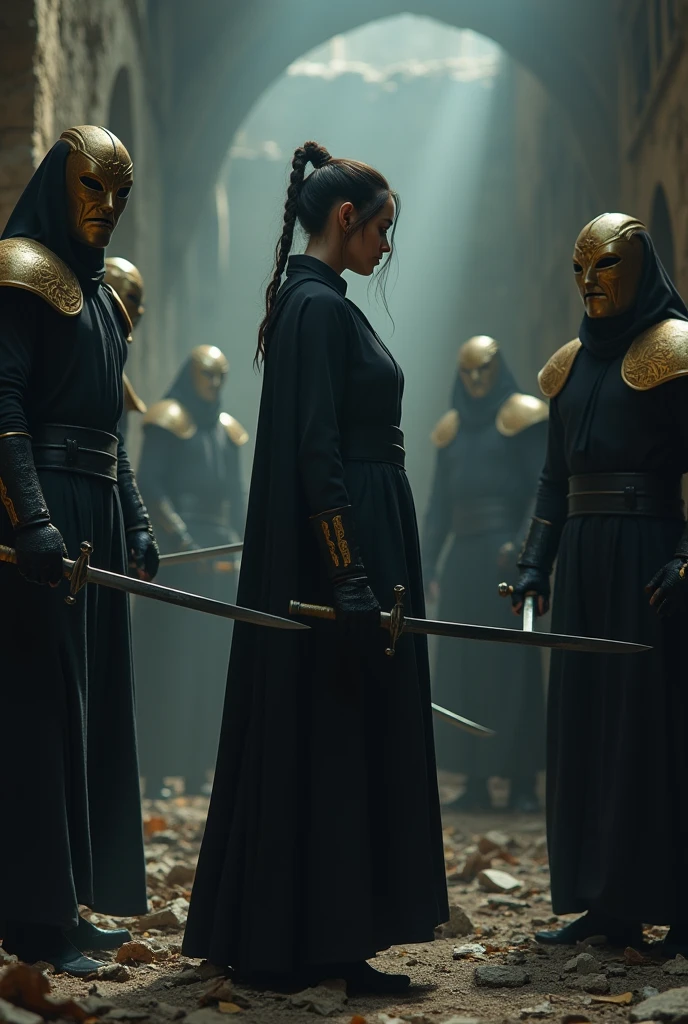 1 girl, (well formed body), (Alone), 19 years, HdR, lasts, Hwa Ryun finds himself in the shadows of a ruined building surrounded by opponents... His black robe sticks to his body., as if taking a shadow, And the golden patterns on his mask shine in the dim light.. sharp, elegant swords flash in their hands.